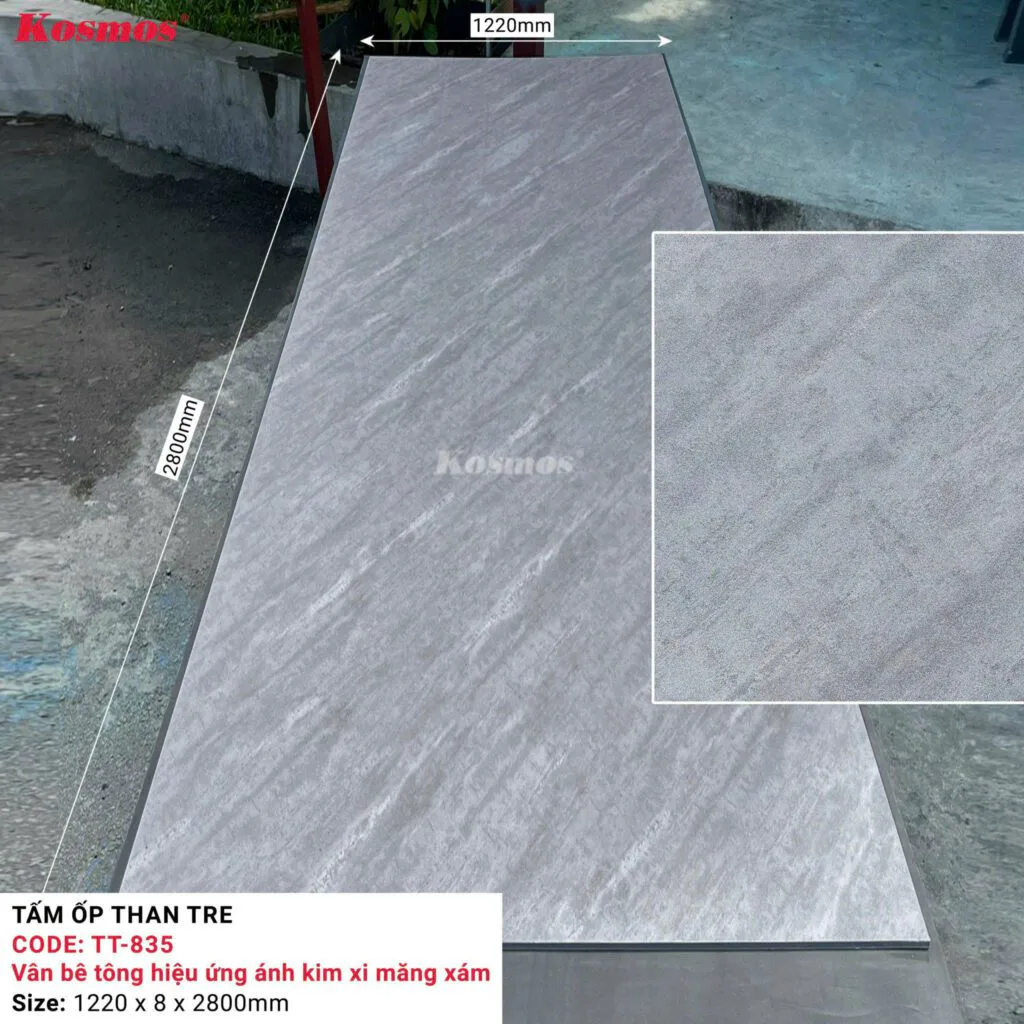 Tấm Ốp Than Tre Cao Cấp Vân Bê Tông Hiệu ứng Ánh Kim Xám